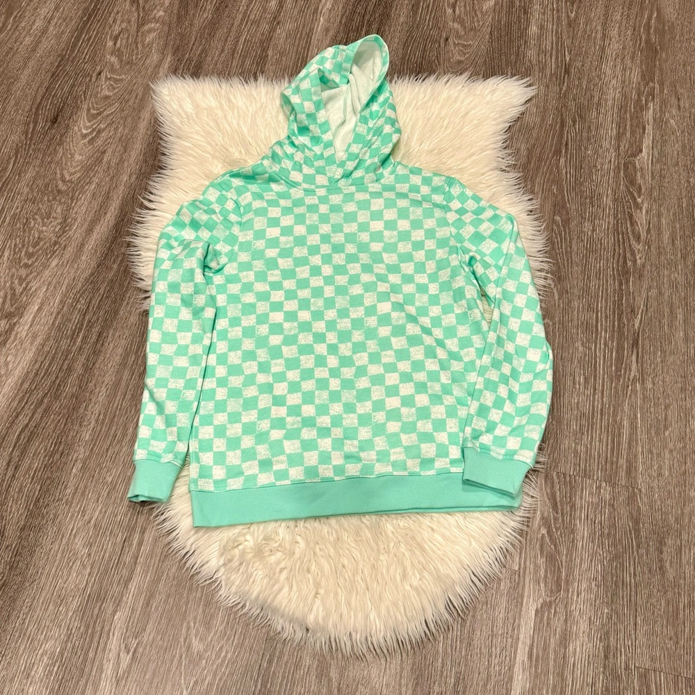 Dot & Zazz Print Checkered Hoodie Sea Green and White NWOT Size L 12-14